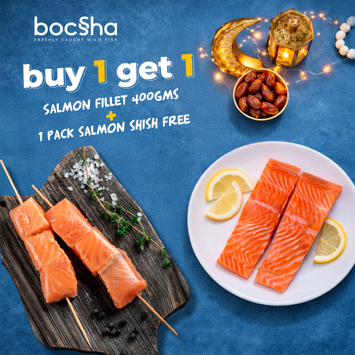 400 gms Salmon Fillet pieces  + 1 pack salmon shish free |   سلمون فليه مقطع ٤٠٠ جرام + ١ عبوة سلمون شيش مجاناً